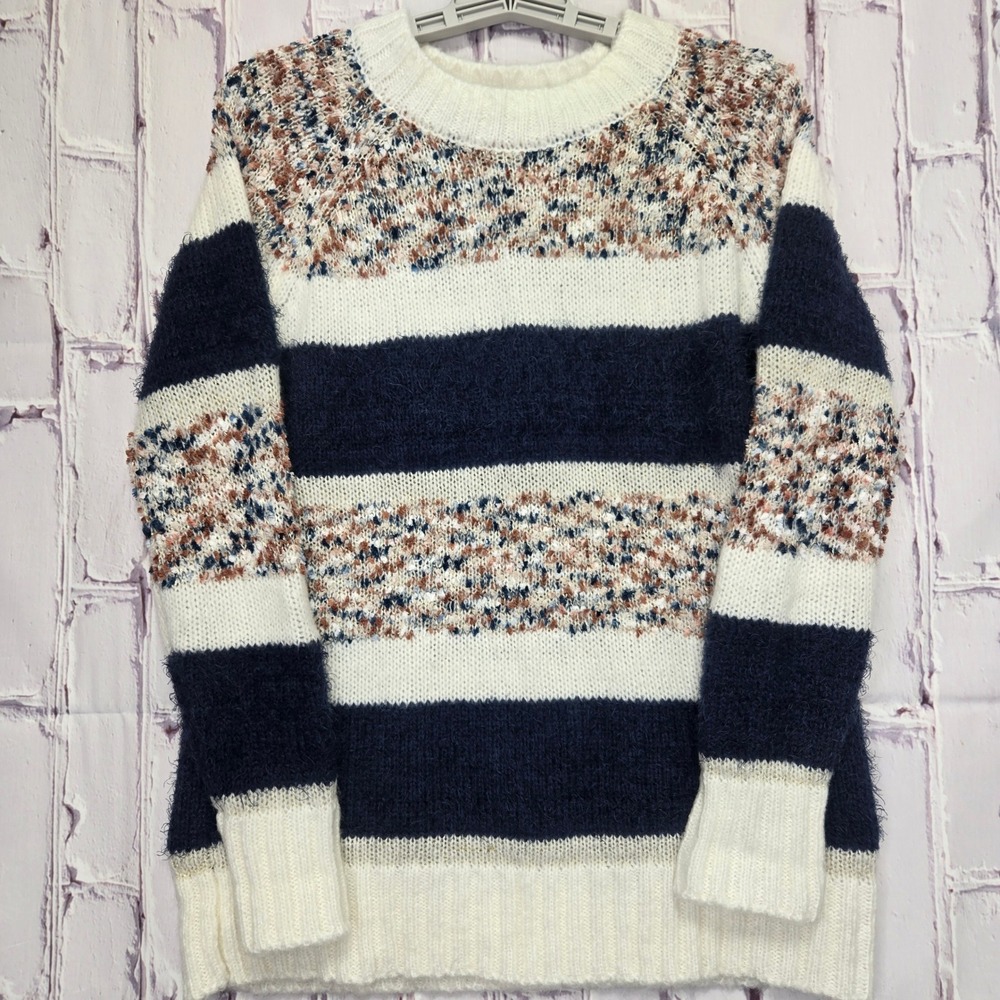 Maurices Cozy Striped Fuzzy Knit Sweater Cream Navy Rust Womens Sz XS Comfy Soft